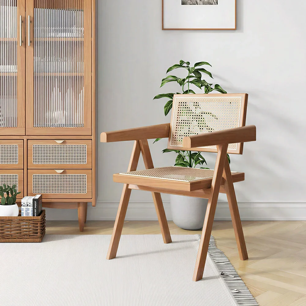 LIVARA Solid Wood Rattan Chair with Handwoven Seat and Armrests for Dining Room, Study and Home Office - Cherry - Image 5