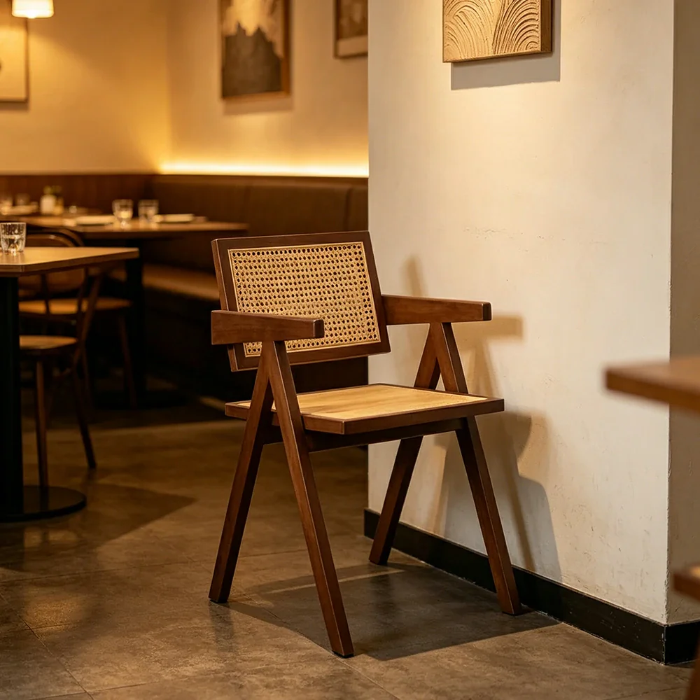 LIVARA Solid Wood Rattan Chair with Handwoven Seat and Armrests for Dining Room, Study and Home Office - Walnut - Image 6
