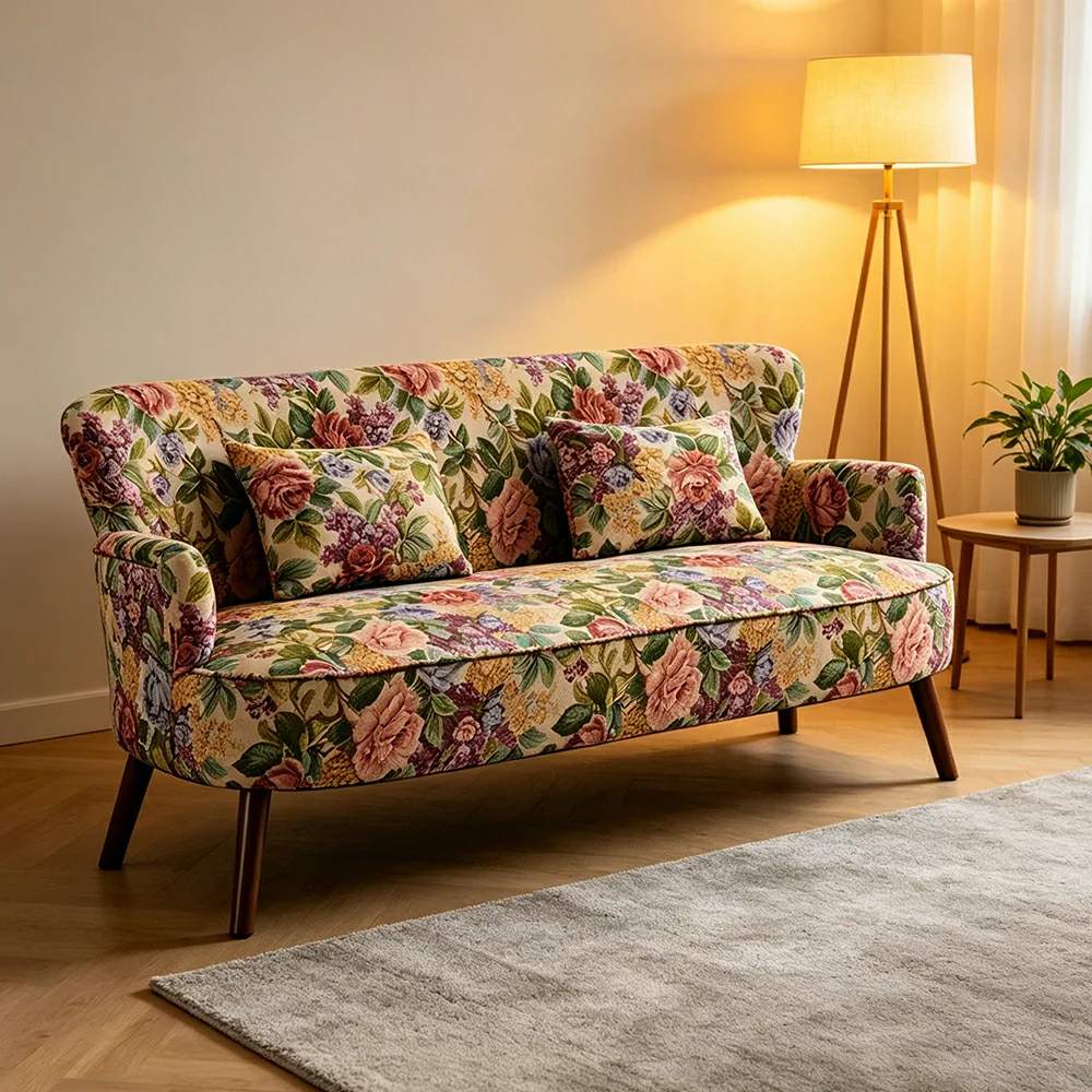 LIVARA Vintage Peony Fabric Sofa with Solid Wood Legs for Living Room - Walnut - Image 4