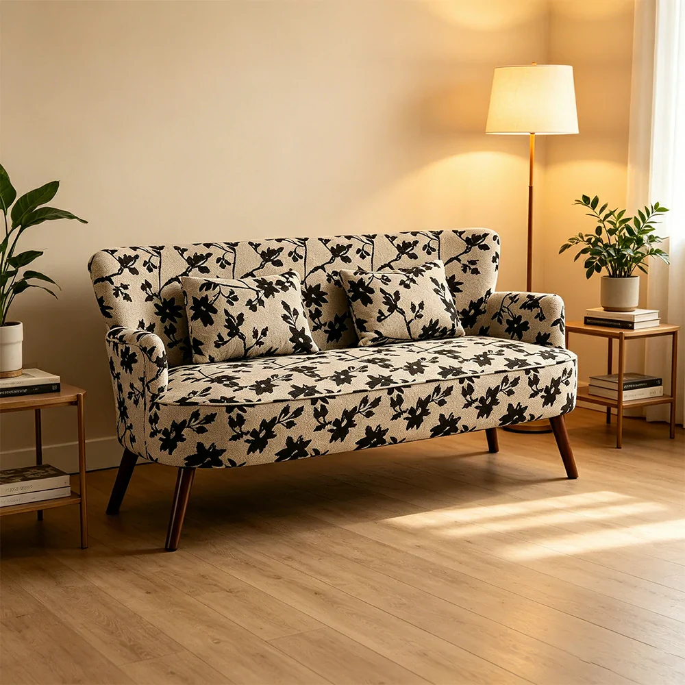 LIVARA Vintage Peony Fabric Sofa with Solid Wood Legs for Living Room - Grey - Image 2