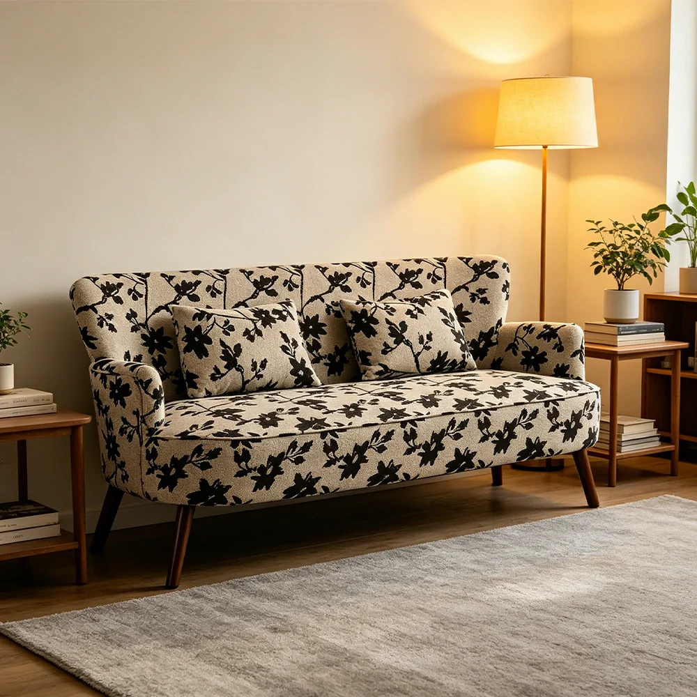 LIVARA Vintage Peony Fabric Sofa with Solid Wood Legs for Living Room - Grey - Image 5