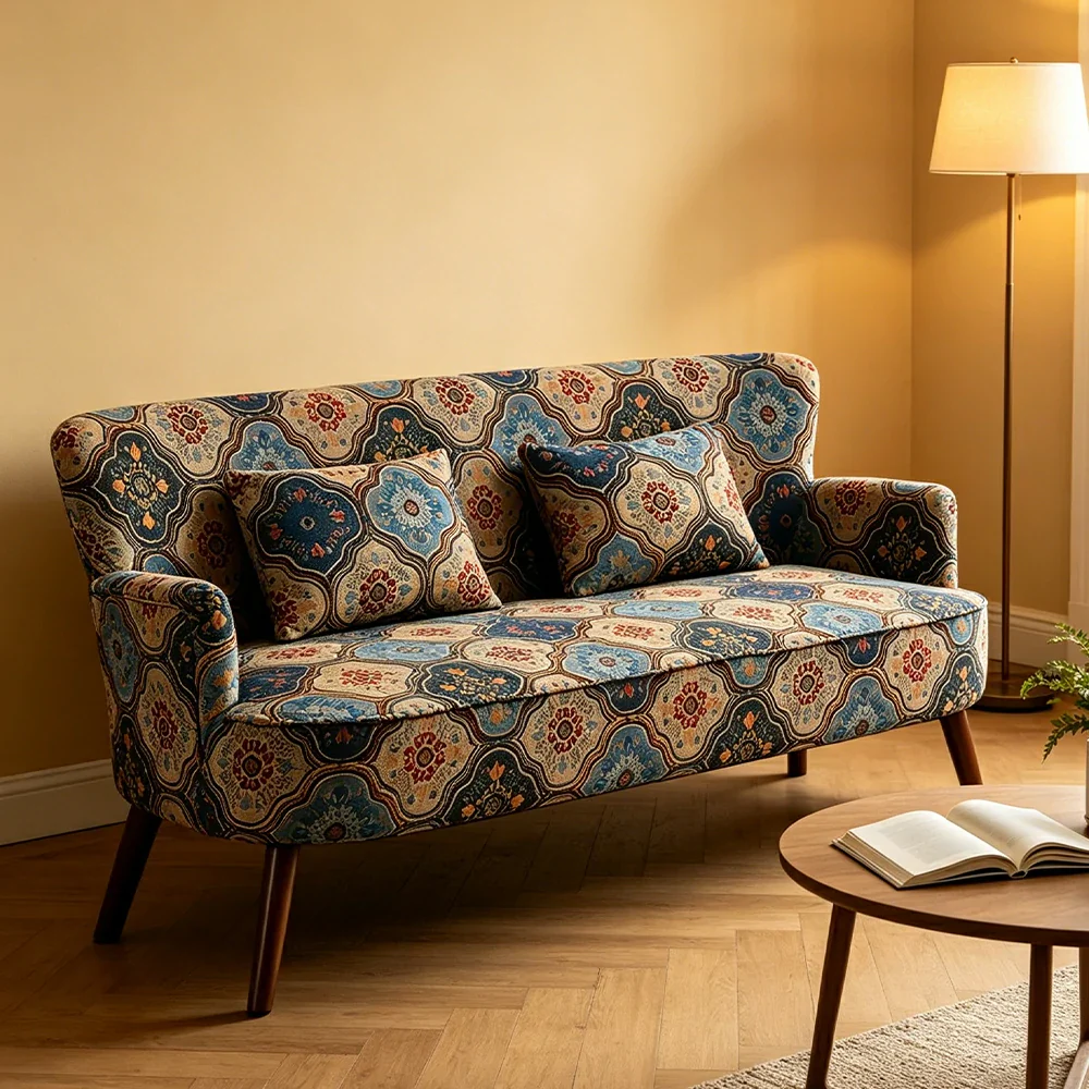 LIVARA Vintage Peony Fabric Sofa with Solid Wood Legs for Living Room - Blue - Image 5