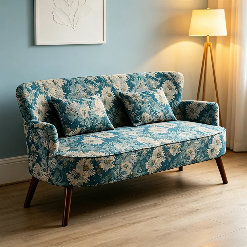 LIVARA Vintage Peony Fabric Sofa with Solid Wood Legs for Living Room - Light Blue. - Image 4