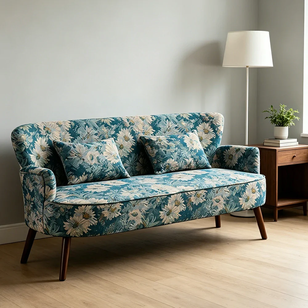 LIVARA Vintage Peony Fabric Sofa with Solid Wood Legs for Living Room - Light Blue. - Image 5
