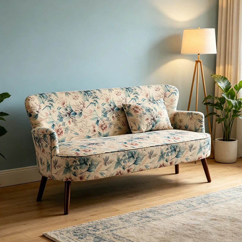 LIVARA Vintage Peony Fabric Sofa with Solid Wood Legs for Living Room - White - Image 5
