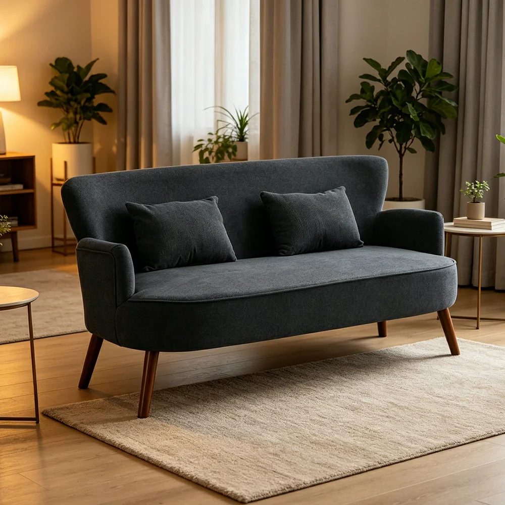 LIVARA Vintage Peony Fabric Sofa with Solid Wood Legs for Living Room - Dark Grey - Image 4