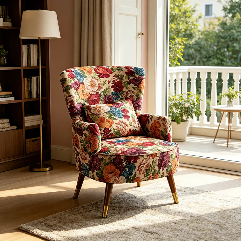 LIVARA High Back Vintage Peony Lounge Chair with Solid Wood Legs for Living Room - Pink - Image 5