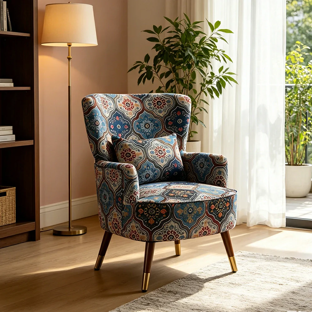 LIVARA High Back Vintage Peony Lounge Chair with Solid Wood Legs for Living Room -Blue - Image 5