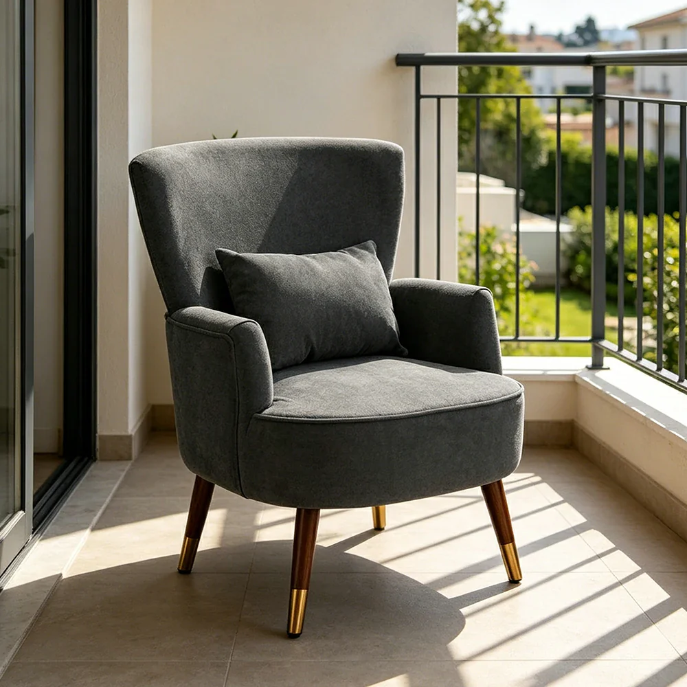 LIVARA High Back Vintage Peony Lounge Chair with Solid Wood Legs for Living Room -Dark Grey - Image 6