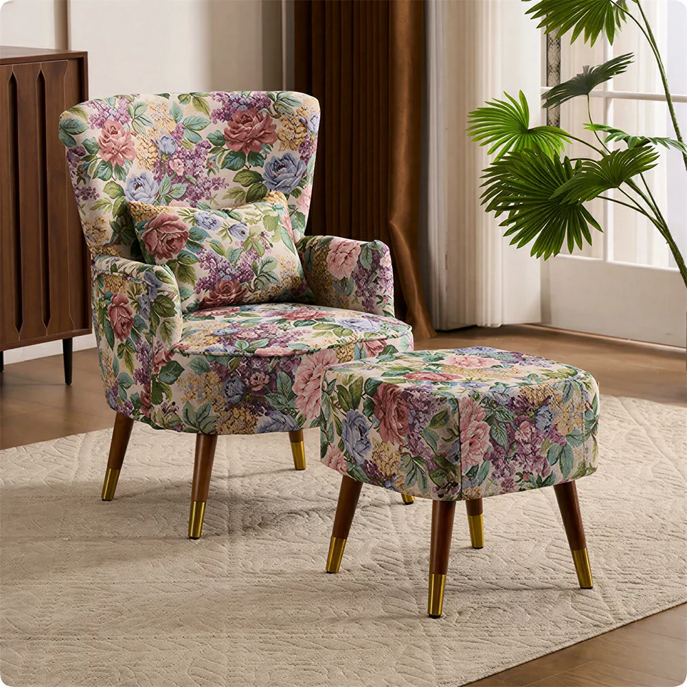 LIVARA High Back Floral Accent Chair with Ottoman - Vintage Living Room Lounge Chair - Vintage Peony - Image 2