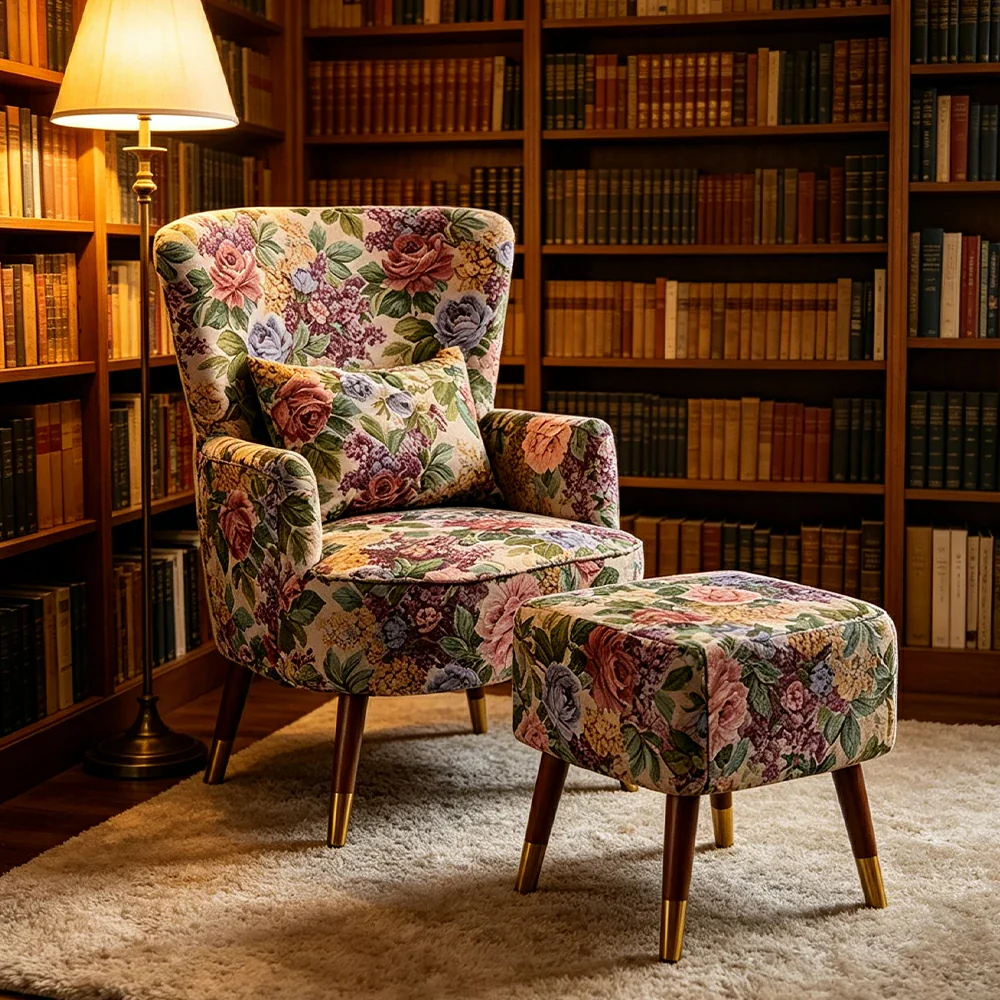 LIVARA High Back Floral Accent Chair with Ottoman - Vintage Living Room Lounge Chair - Vintage Peony - Image 4