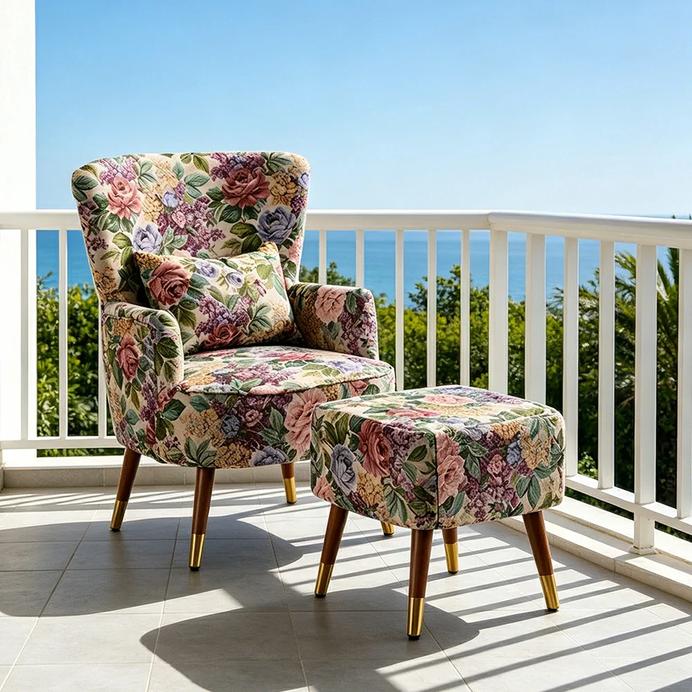 LIVARA High Back Floral Accent Chair with Ottoman - Vintage Living Room Lounge Chair - Vintage Peony - Image 5