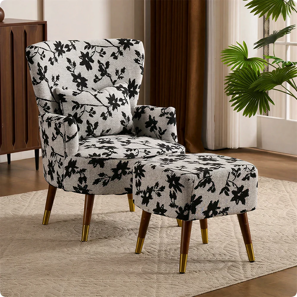 LIVARA High Back Jacquard Accent Chair with Ottoman - Vintage Living Room Lounge Chair - Ink Floral - Image 2
