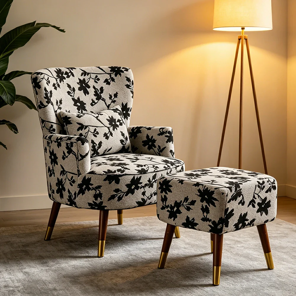 LIVARA High Back Jacquard Accent Chair with Ottoman - Vintage Living Room Lounge Chair - Ink Floral - Image 5