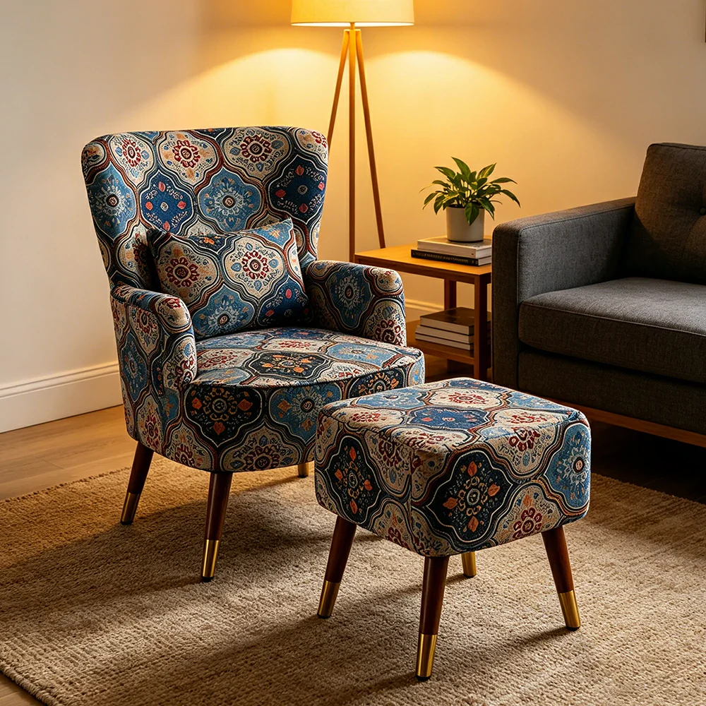 LIVARA High Back Accent Chair with Ottoman - Vintage Living Room Lounge Chair - Royal Blue - Image 5