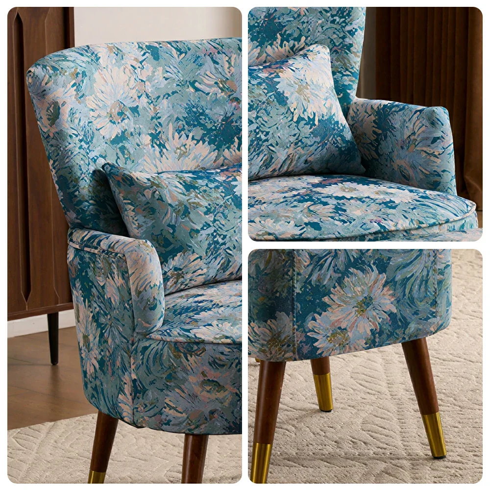 LIVARA High Back Floral Accent Chair with Ottoman - Vintage Living Room Lounge Chair - Blue Sunflower - Image 3
