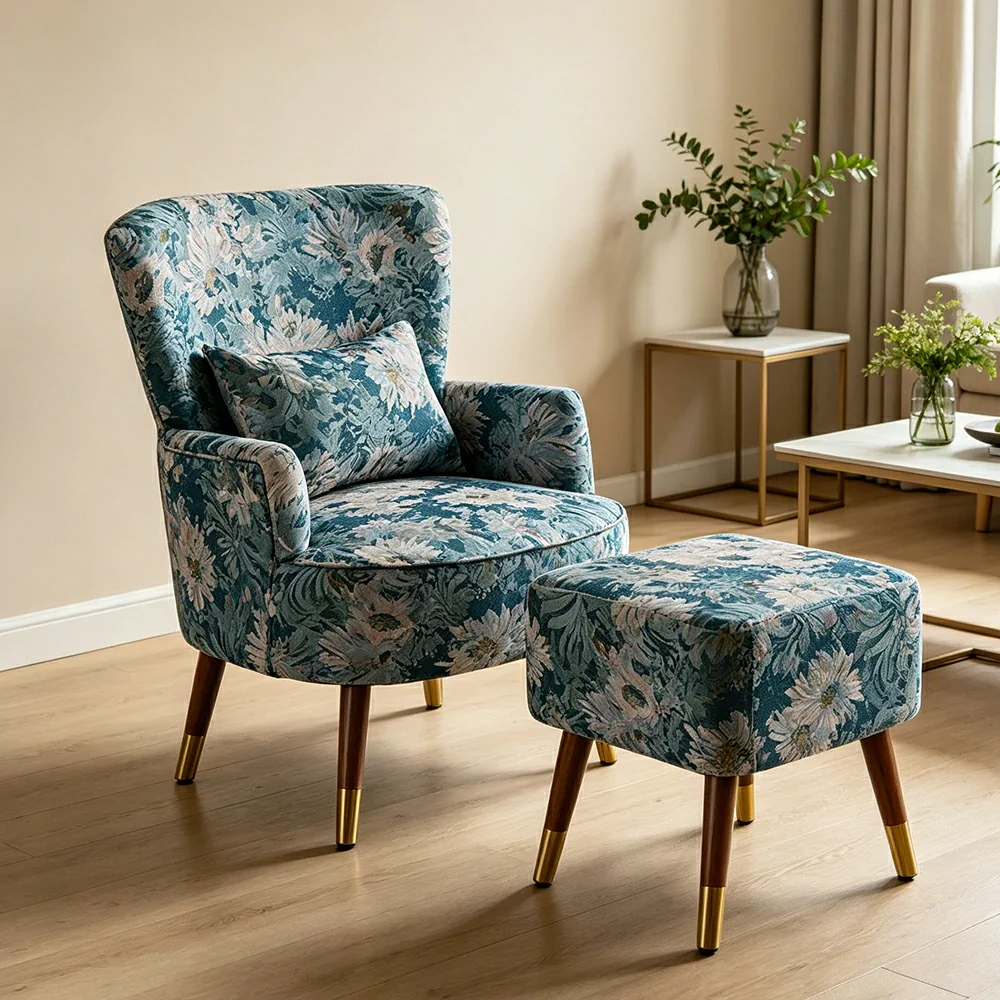 LIVARA High Back Floral Accent Chair with Ottoman - Vintage Living Room Lounge Chair - Blue Sunflower - Image 6