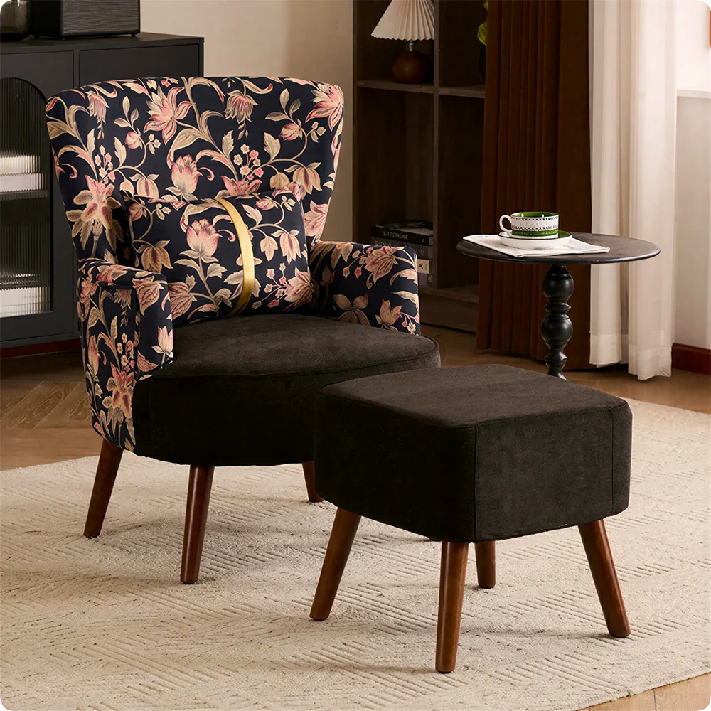 LIVARA High Back Gilded Floral Accent Chair with Ottoman - Black Cotton Linen - Image 2
