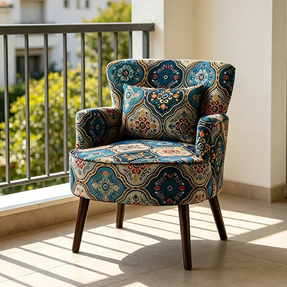 LIVARA Standard Back Vintage Peony Cotton Linen Lounge Chair for Living Room Bedroom - Blue - Image 5