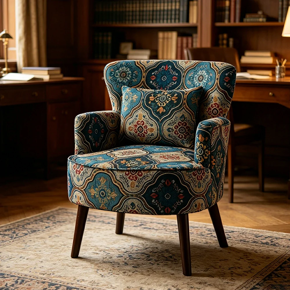 LIVARA Standard Back Vintage Peony Cotton Linen Lounge Chair for Living Room Bedroom - Blue - Image 6