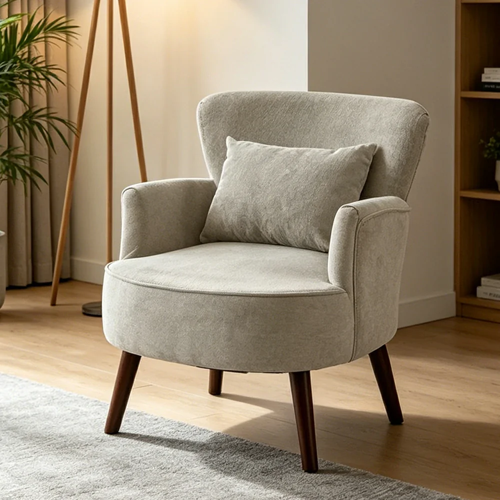 LIVARA Standard Back Corduroy Lounge Chair with Solid Wood Legs for Living Room Bedroom - White - Image 5