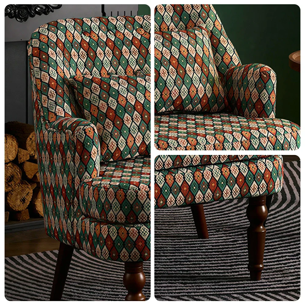 LIVARA Gothic Windowpane Lounge Chair with Vintage Solid Wood Legs for Living Room - Gothic Pattern - Image 3