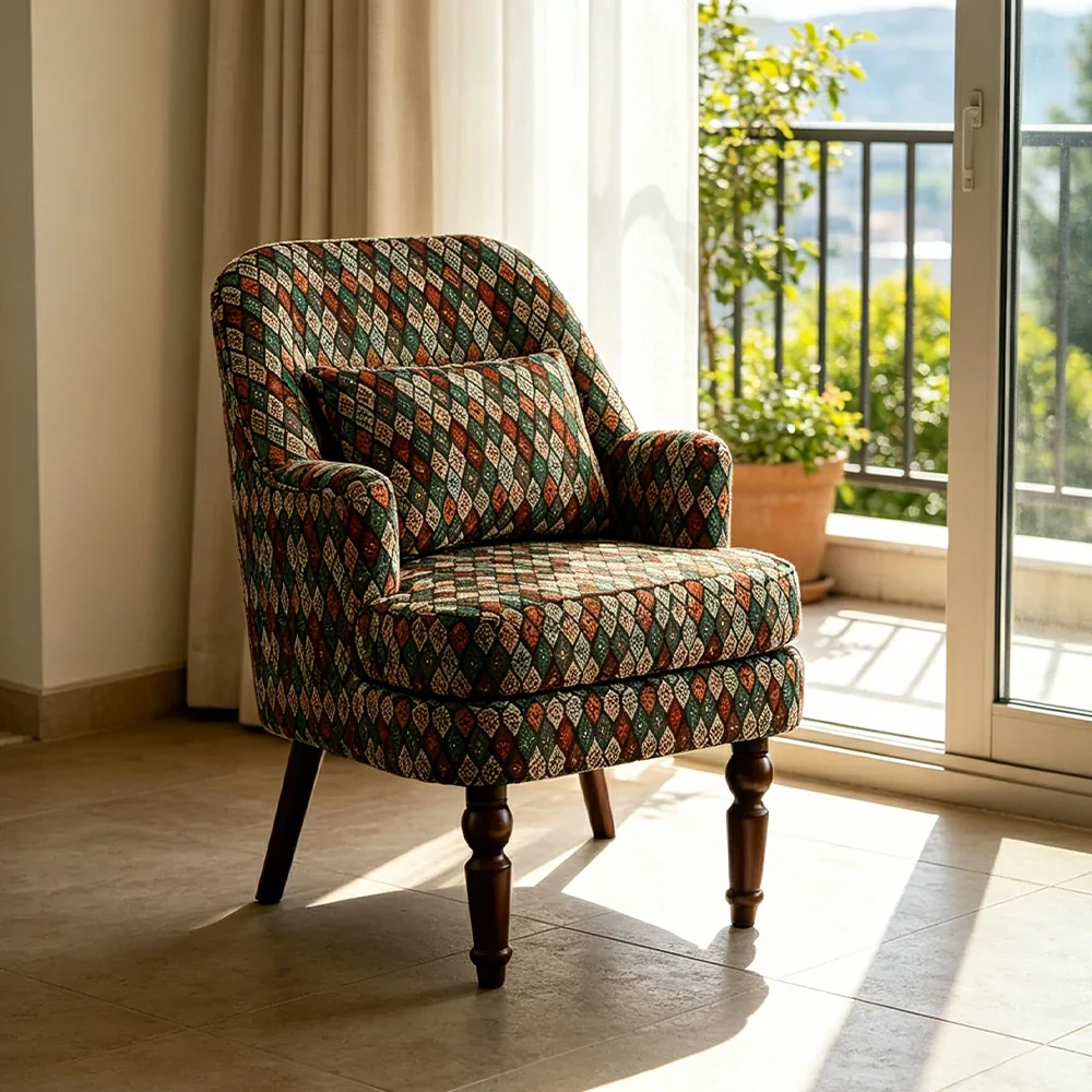 LIVARA Gothic Windowpane Lounge Chair with Vintage Solid Wood Legs for Living Room - Gothic Pattern - Image 4