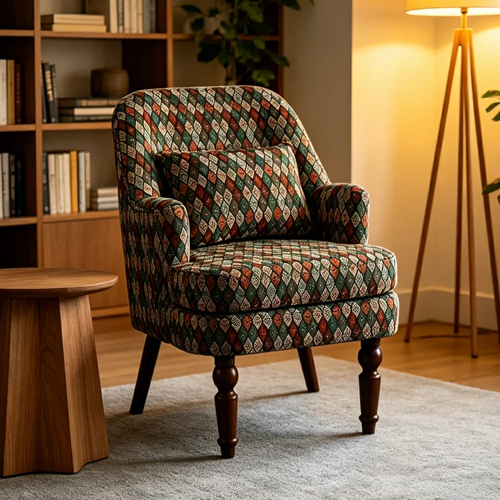 LIVARA Gothic Windowpane Lounge Chair with Vintage Solid Wood Legs for Living Room - Gothic Pattern - Image 5