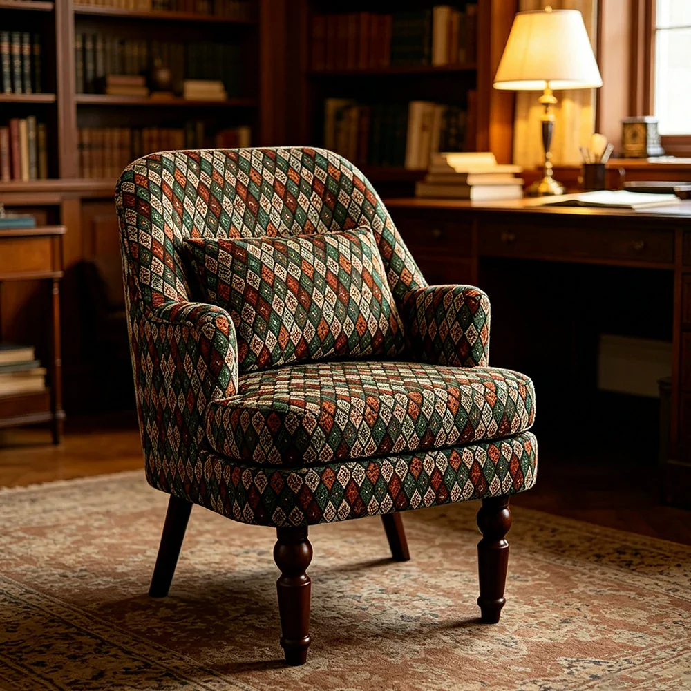 LIVARA Gothic Windowpane Lounge Chair with Vintage Solid Wood Legs for Living Room - Gothic Pattern - Image 6