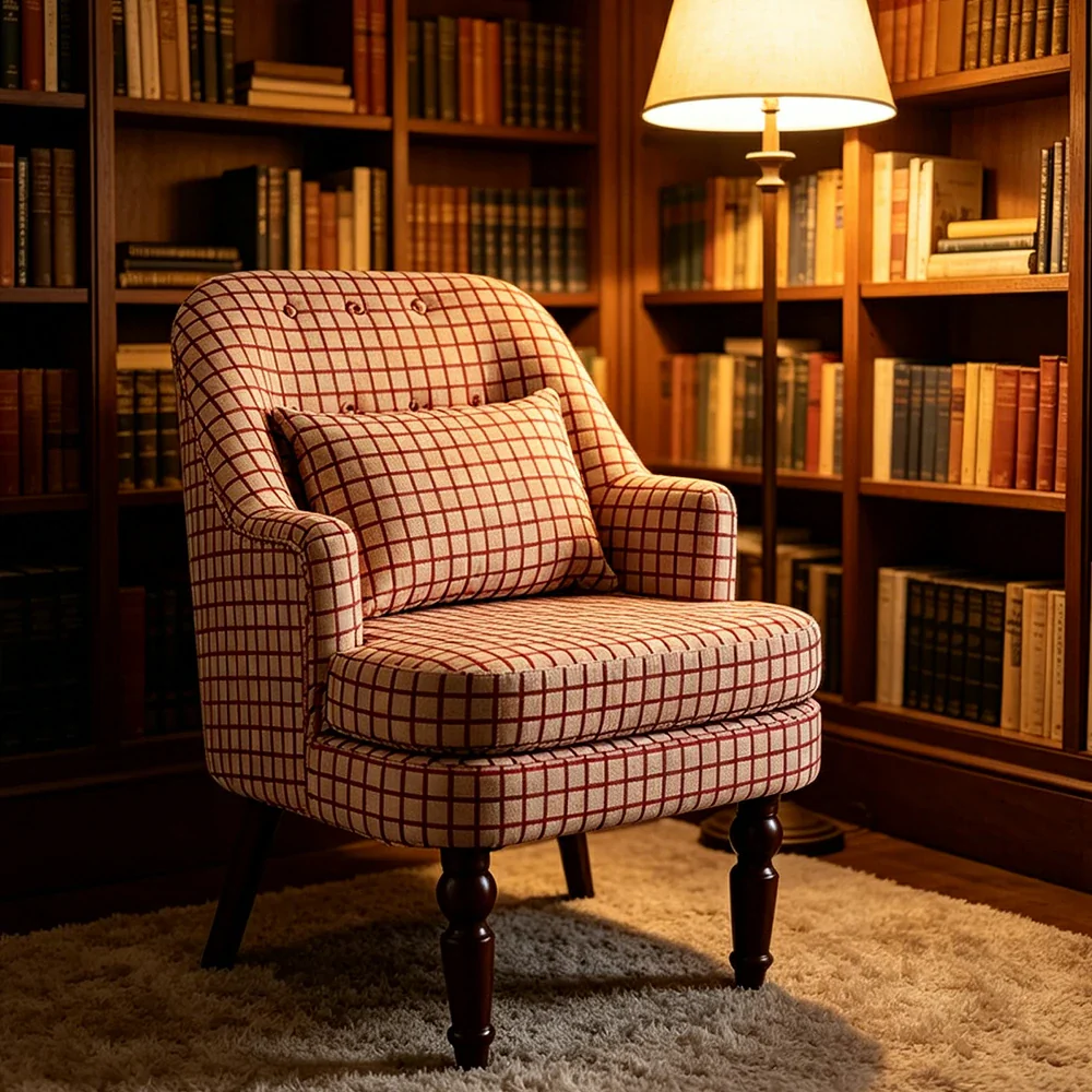 LIVARA Gothic Windowpane Lounge Chair with Vintage Solid Wood Legs for Living Room - Pink Pattern - Image 6