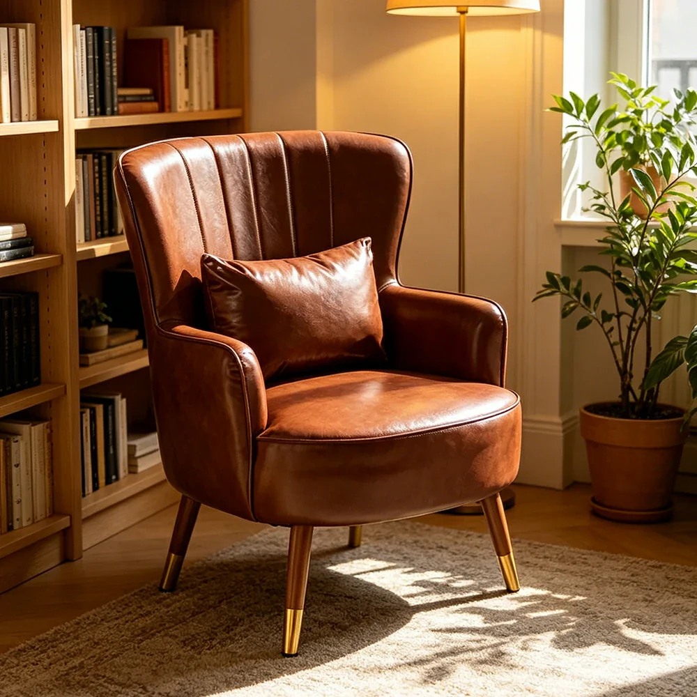 LIVARA Oil Wax Cat-Scratch Leather Accent Chair - Modern Living Room Single Sofa Chair - Brown - Image 5