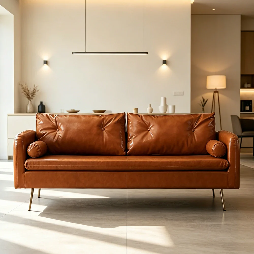 LIVARA PU Leather Sofa - Retro Living Room Lounge Couch - Brown - Image 4