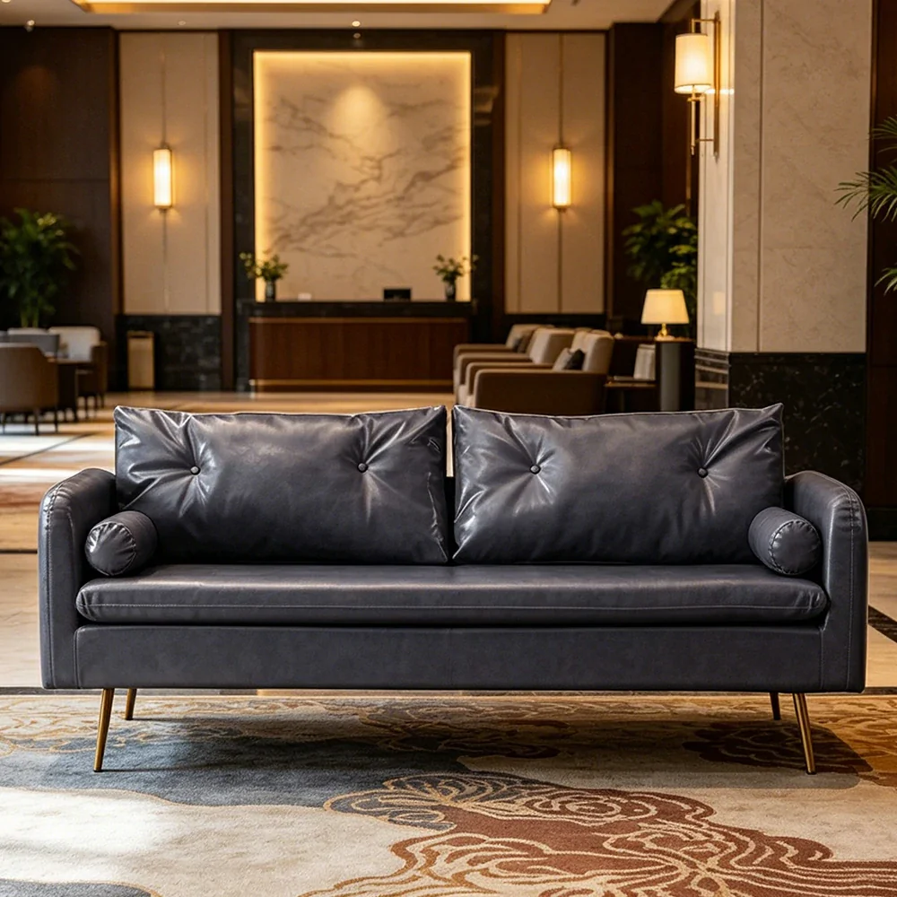 LIVARA PU Leather Sofa - Retro Living Room Lounge Couch - Grey - Image 5