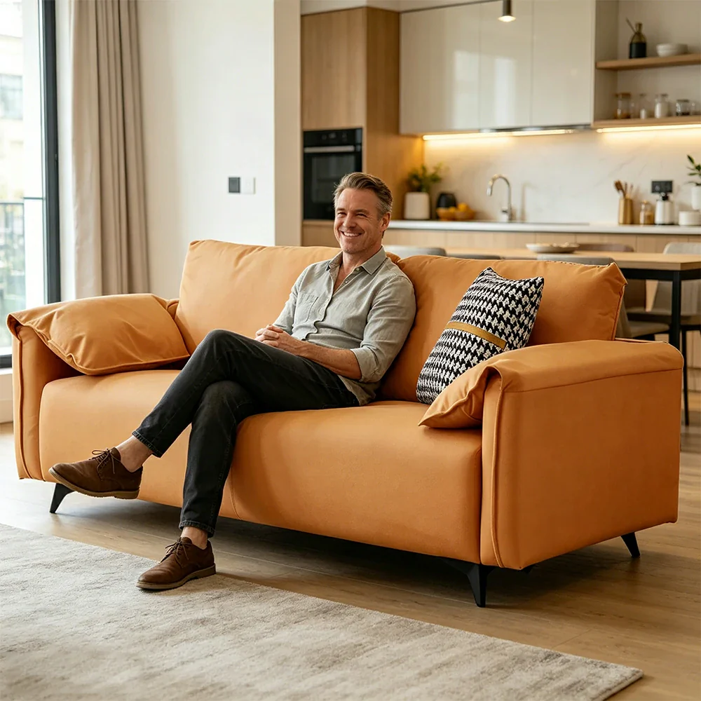 LIVARA Tech Fabric Sofa - Modern Living Room Lounge Couch - Orange - Image 6