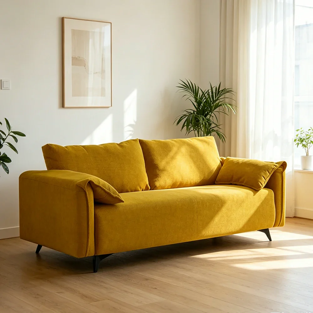 LIVARA Corduroy Sofa - Retro Living Room Lounge Couch - Yellow - Image 4