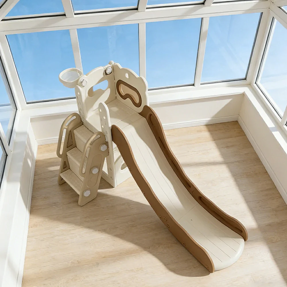 LIVARA Kids Slide Three-Section Long Slide Anti-Slip Steps Reinforced Frame Space-Saving Foldable Design - Coffee - Image 2