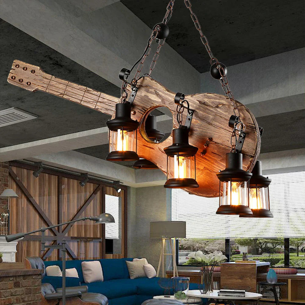 LIVARA Guitar Pendant Light with 6x4W Edison Bulbs, Retro Industrial Solid Wood Ceiling Lamp - Image 2