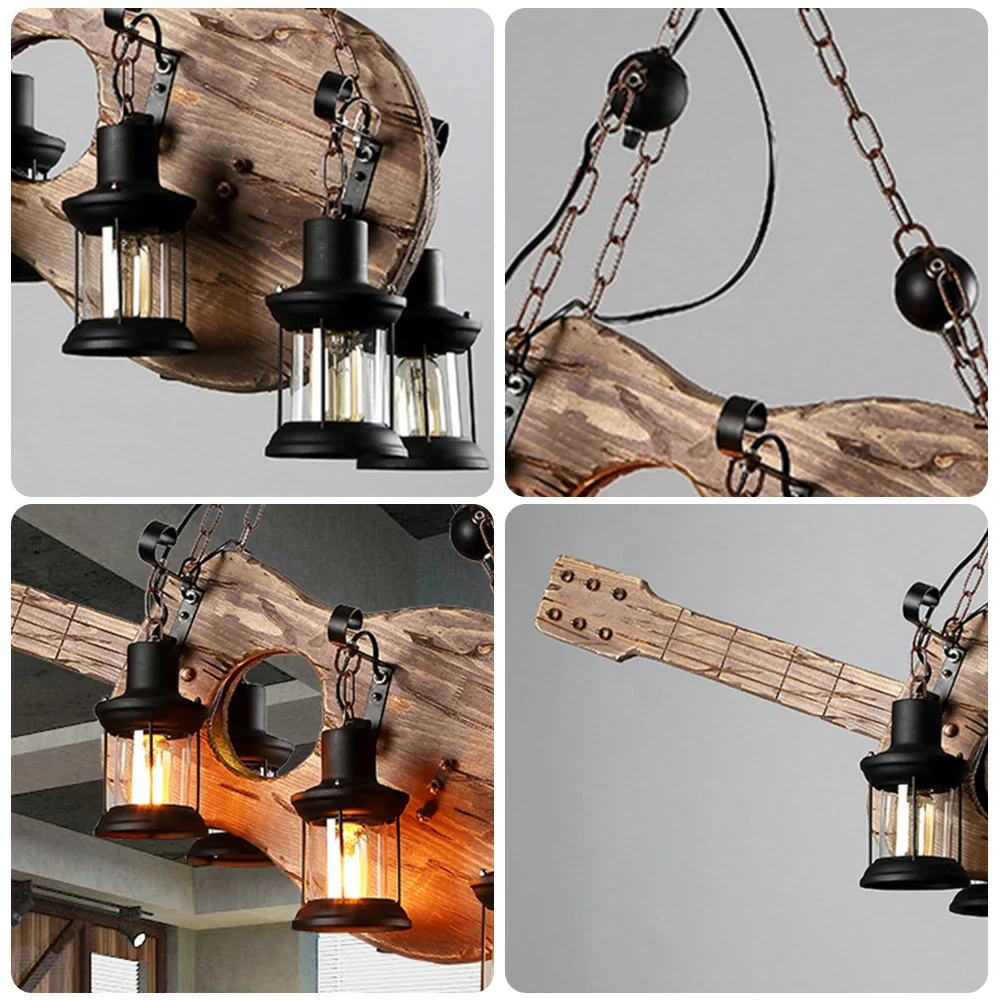 LIVARA Guitar Pendant Light with 6x4W Edison Bulbs, Retro Industrial Solid Wood Ceiling Lamp - Image 3