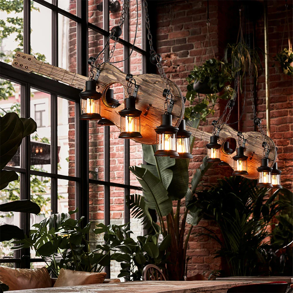 LIVARA Guitar Pendant Light with 6x4W Edison Bulbs, Retro Industrial Solid Wood Ceiling Lamp - Image 4