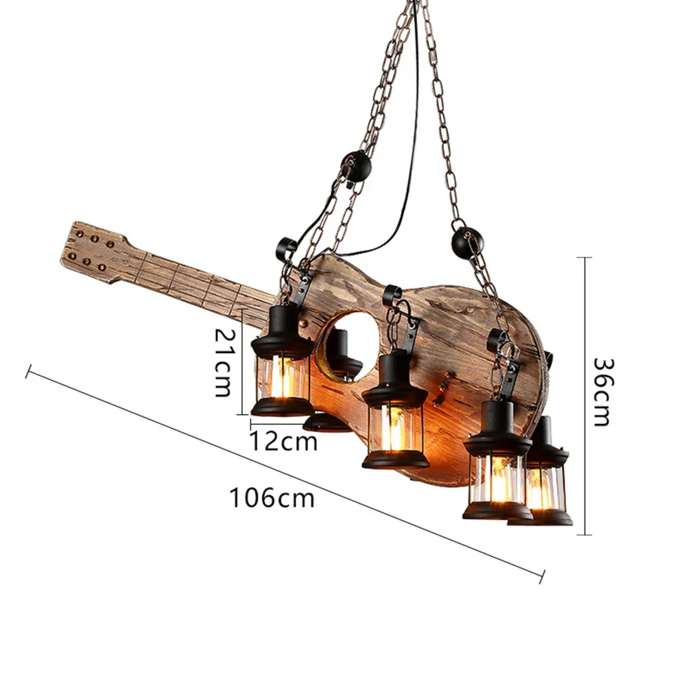 LIVARA Guitar Pendant Light with 6x4W Edison Bulbs, Retro Industrial Solid Wood Ceiling Lamp - Image 5