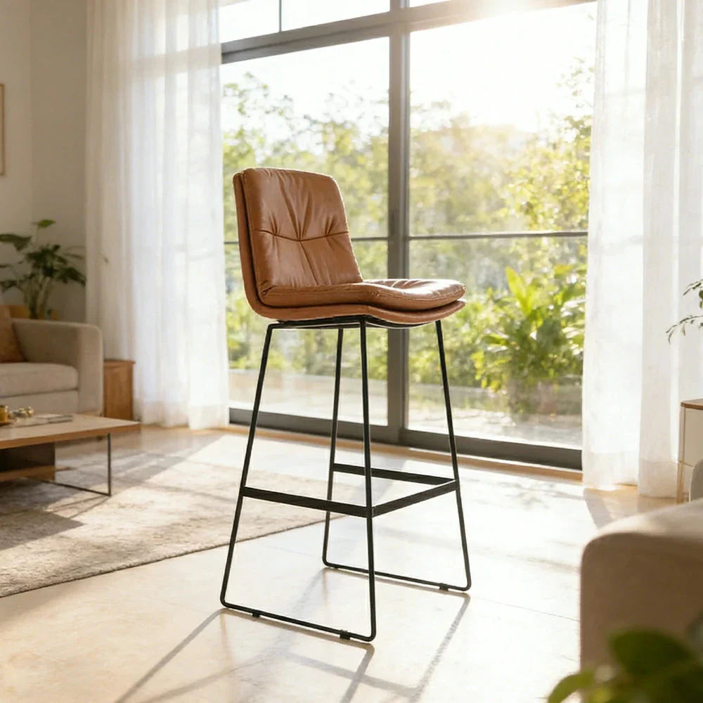 LIVARA Modern Bar Stool - PU Upholstered Ergonomic Padded Seat, Supportive Backrest, Stable Metal Legs, Kitchen & Bar Use, Seat Height 65cm - Brown - Image 2