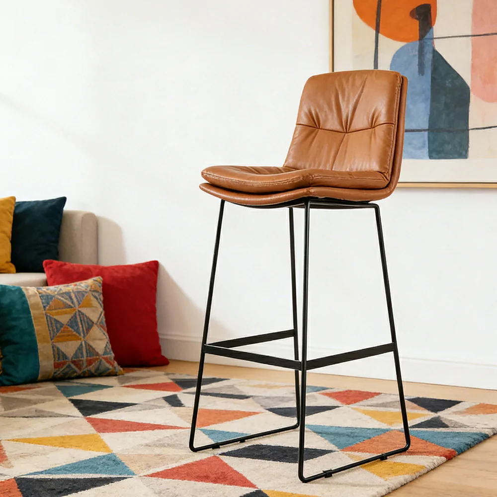 LIVARA Modern Bar Stool - PU Upholstered Ergonomic Padded Seat, Supportive Backrest, Stable Metal Legs, Kitchen & Bar Use, Seat Height 65cm - Brown - Image 4