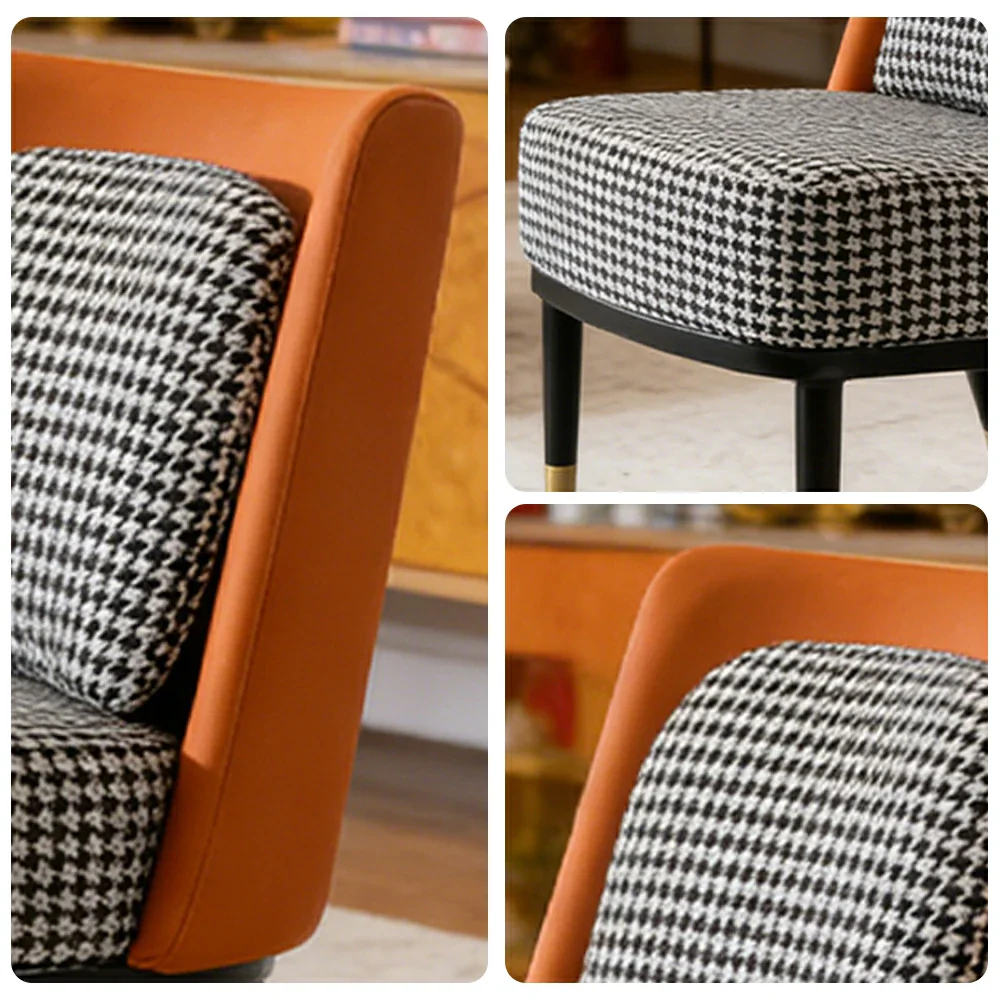 LIVARA Modern Accent Lounge Chair - Houndstooth Woven Upholstery with Contrast Backrest, Deep Cushioned Seat, Compact Statement Design - Houndstooth & Orange - Image 3