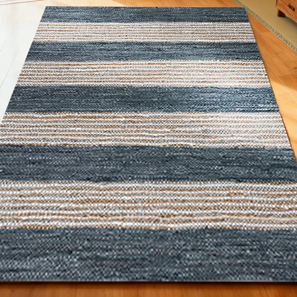 LIVARA 160/200cm Blue-Grey Stripe Loop-Pile Rug - Non-Slip Eco Cotton-Latex Backing, Soft & Durable, Easy to Clean - Coastal Sand Blue - Image 3