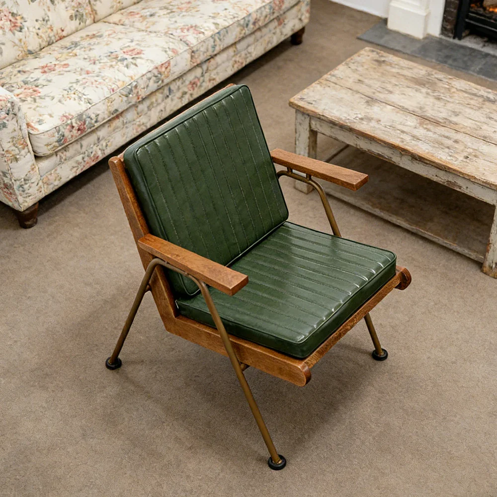 LIVARA Vintage Industrial Accent Armchair - PU Leather Upholstery with Padded Seat, Solid Wood Armrests, Sturdy Metal Frame for Living & Lounge Spaces - Green - Image 2