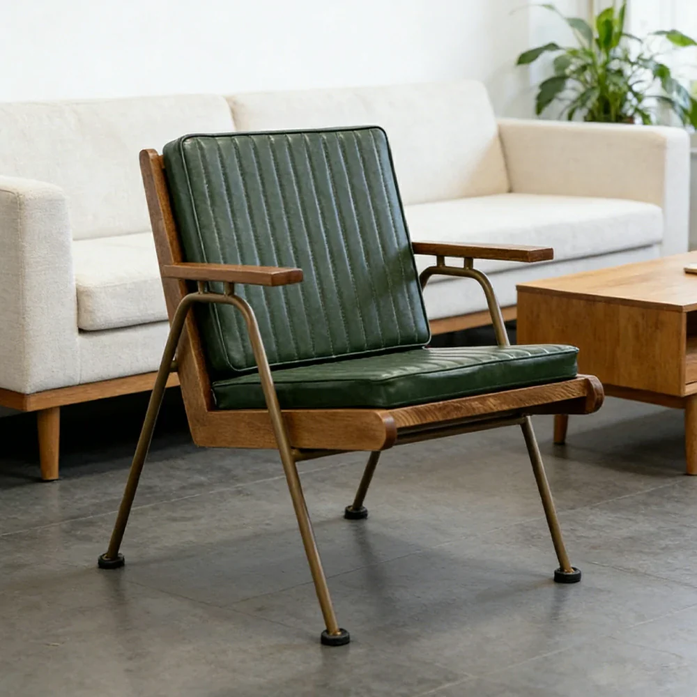 LIVARA Vintage Industrial Accent Armchair - PU Leather Upholstery with Padded Seat, Solid Wood Armrests, Sturdy Metal Frame for Living & Lounge Spaces - Green - Image 4
