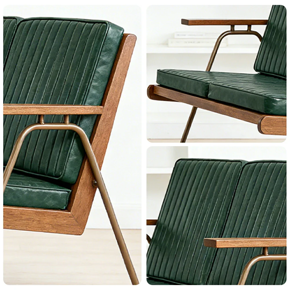 LIVARA Vintage Industrial 2-Seater Sofa Chair - PU Leather Upholstery with Padded Cushions, Solid Wood Armrests, Sturdy Metal Frame for Living & Lounge Spaces - Green - Image 3
