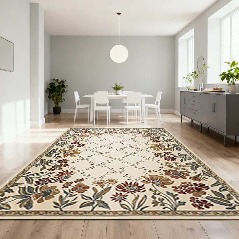 LIVARA 160/200cm Vintage Floral Border Loop-Pile Rug - Upgraded Non-Slip Eco Cotton-Latex Backing - Waterproof, Stain-Resistant, Soft & Durable - Beige - Image 2
