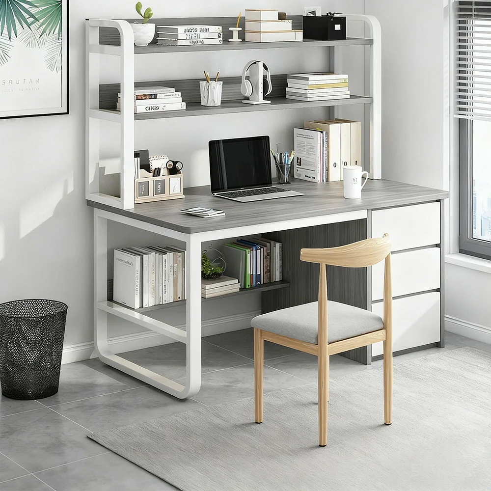 LIVARA Bookshelf Office Desk and Chair Set 100/120/140cm 2-in-1 Space-Saving Design, Thickened Panels, Steel Frame - Grey - Image 2