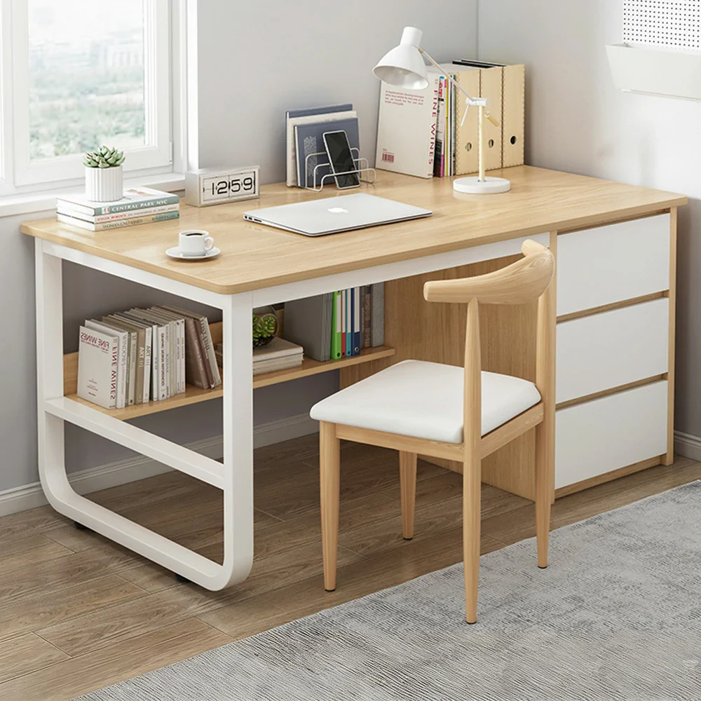 LIVARA Office Desk and Chair Set 100/120/140cm Space-Saving Design, Thickened Panels, Stable U-Legs, Rounded Edge - Wood - Image 2